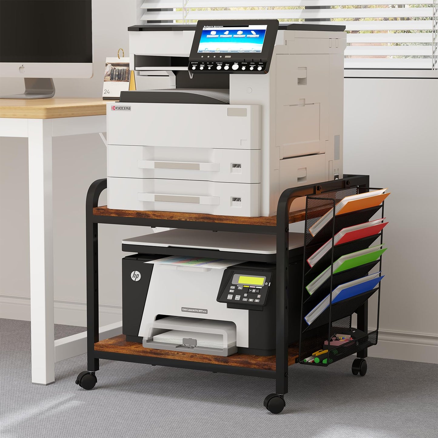 POAO Large Printer Stand with Hanging File Holder Organizer,Adjustable Height Shelf with Wheels,Under Desk Table with Storage for Home Office,Brown