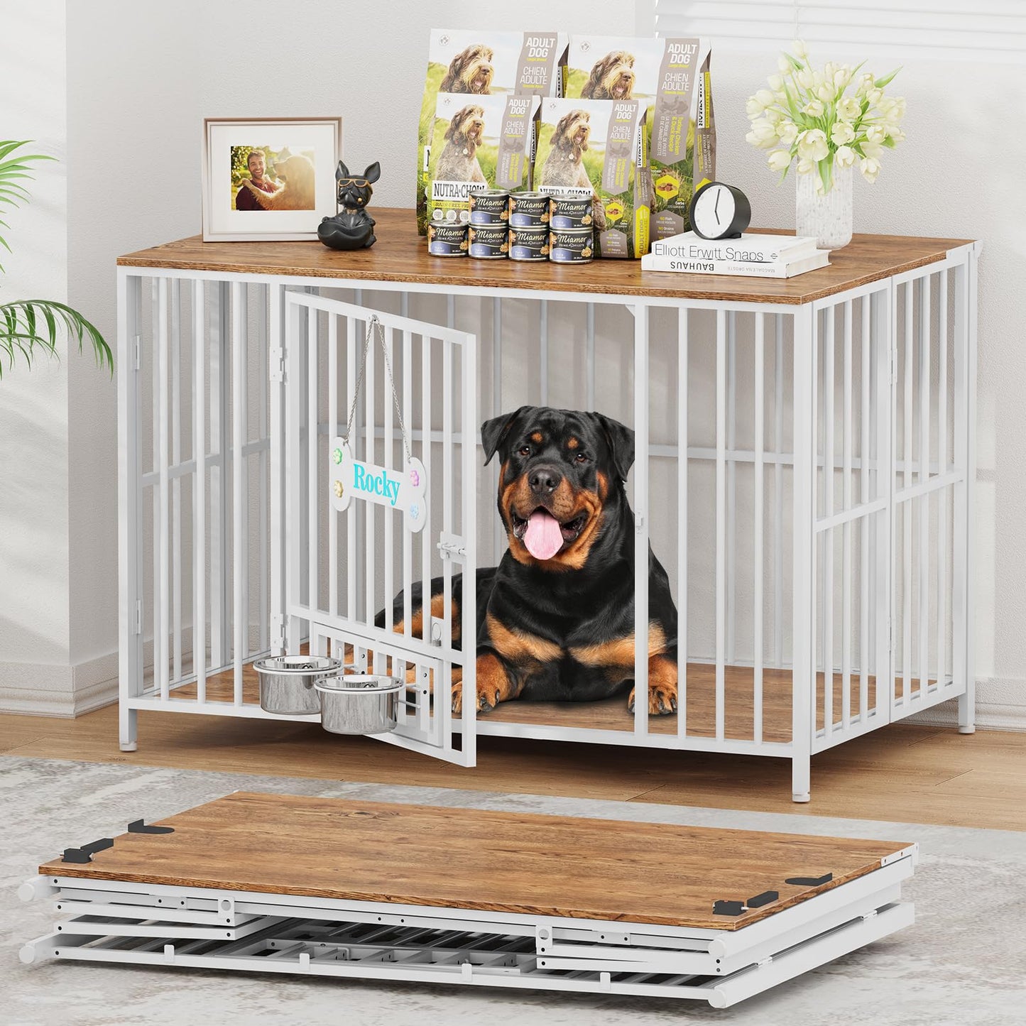 POAO 43" Dog Crate Furniture Foldable for Large Dogs (60-80 lbs), No Assembly Dog Kennel Indoor,Wooden Dog Cage with Adjustable Bowls &Name Tag