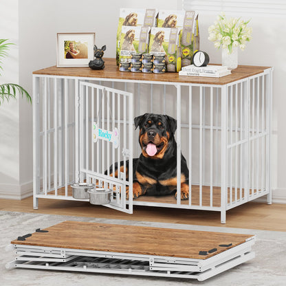 POAO 43" Dog Crate Furniture Foldable for Large Dogs (60-80 lbs), No Assembly Dog Kennel Indoor,Wooden Dog Cage with Adjustable Bowls &Name Tag