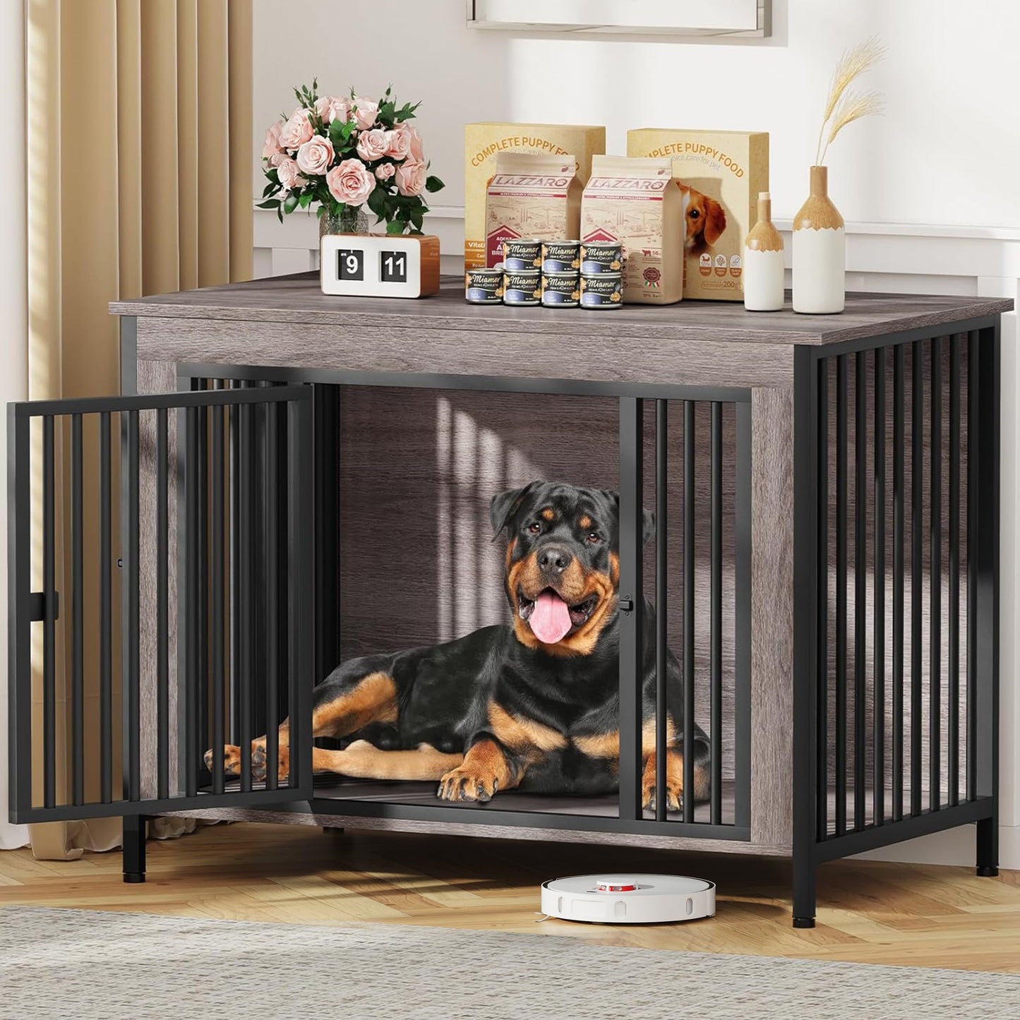POAO 47.24" L Dog Crate Furniture for Dog, Heavy Duty Dog Crate for Large Dog(65-92 Pounds), Dog Kennel Furniture Indoor as TV Stand, Oak Grey