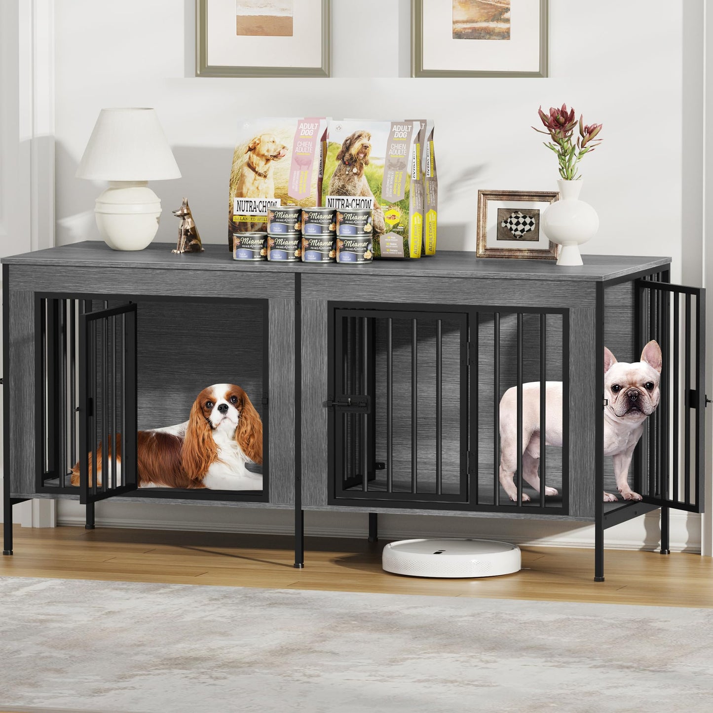 POAO 55.12"L Dog Crate Furniture for 2 Dogs,Heavy Duty Double Dog Crates for Small Dogs(0-20 Pounds),Dog Kennel Furniture Indoor as TV Stand,Oak Grey