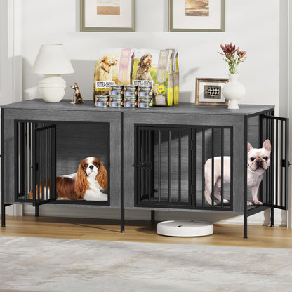 POAO 55.12"L Dog Crate Furniture for 2 Dogs,Heavy Duty Double Dog Crates for Small Dogs(0-20 Pounds),Dog Kennel Furniture Indoor as TV Stand,Oak Grey