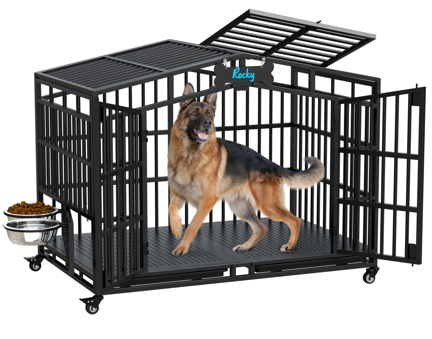 POAO 48"Heavy Duty Indestructible Dog Crate, Extra Large Metal Dog Kennel with 2 Adjustable Bowls, Open Top & Lockable Wheels, Escape Proof Indoor Cage for High Anxiety Big XL Dogs