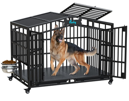 POAO 48"Heavy Duty Indestructible Dog Crate, Extra Large Metal Dog Kennel with 2 Adjustable Bowls, Open Top & Lockable Wheels, Escape Proof Indoor Cage for High Anxiety Big XL Dogs
