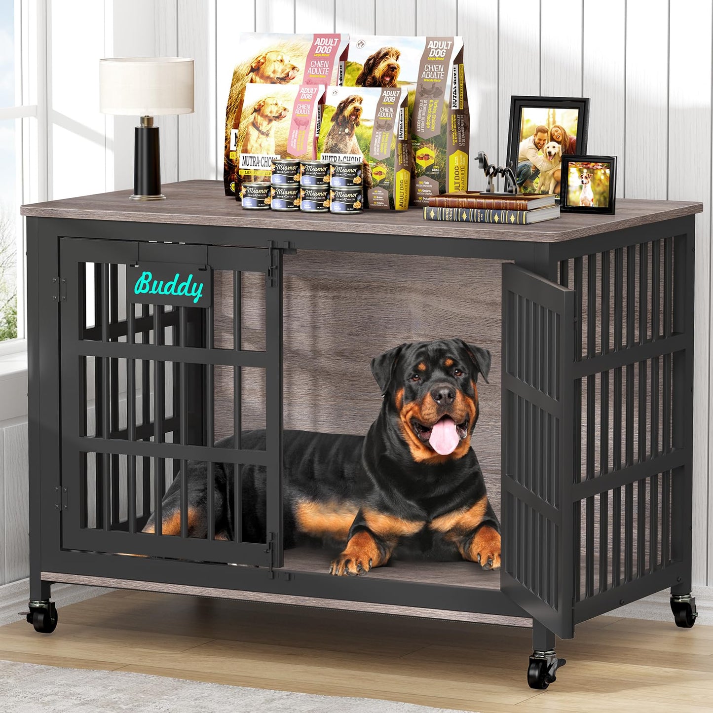 POAO 48"Dog Crate Furniture with Casters,Heavy Duty Dog Kennel Indoor for Large Dogs,Escape-Proof &Chew-Proof Dog Cage for high Anxiety Dog,End Table