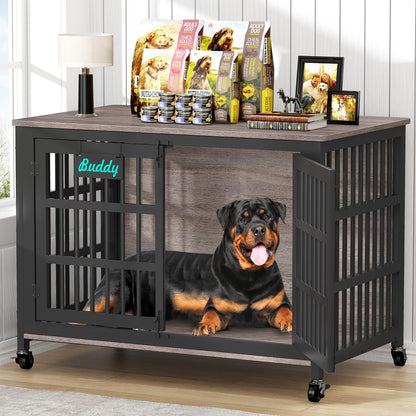 POAO 48"Dog Crate Furniture with Casters,Heavy Duty Dog Kennel Indoor for Large Dogs,Escape-Proof &Chew-Proof Dog Cage for high Anxiety Dog,End Table