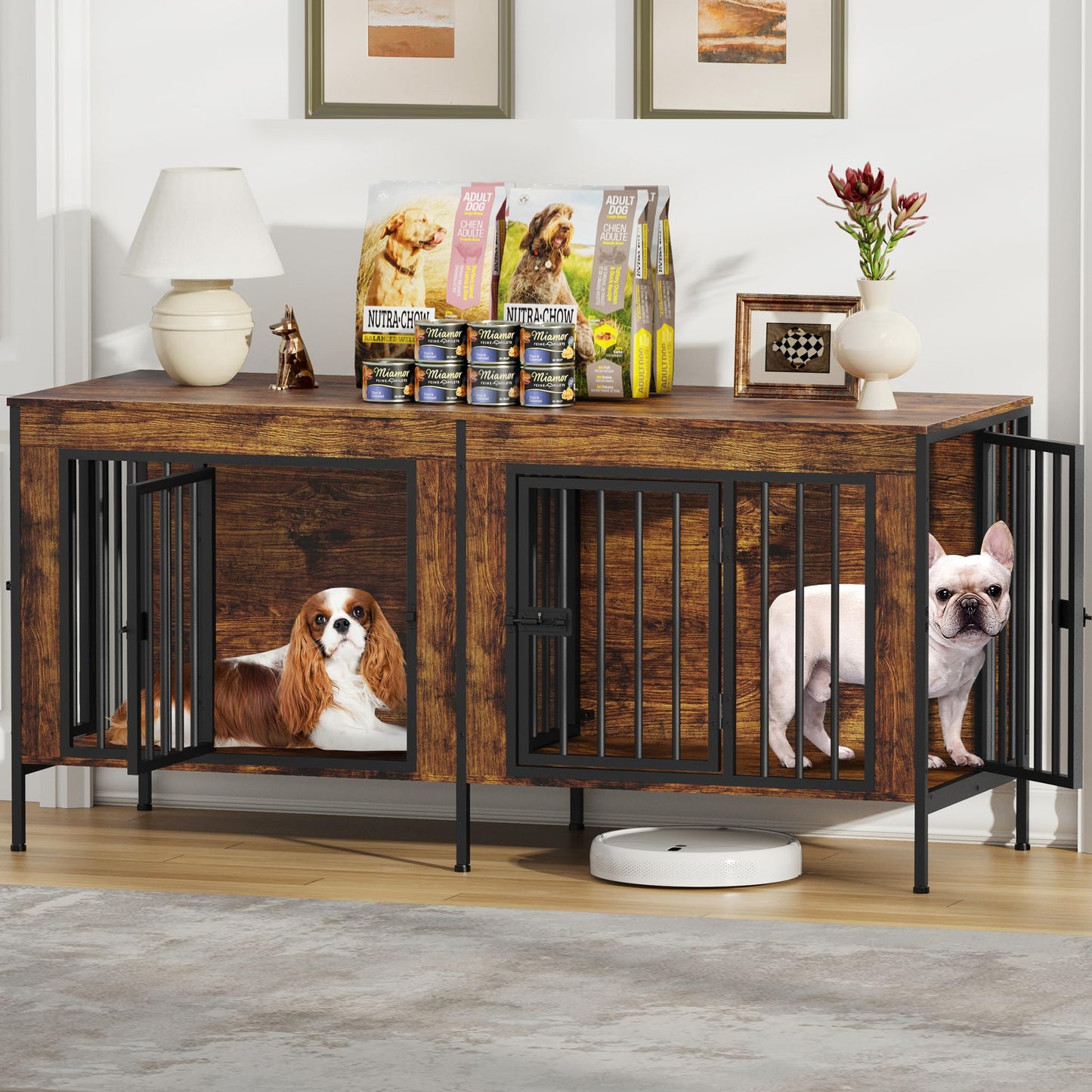 POAO 55.12"L Dog Crate Furniture for 2 Dogs,Heavy Duty Double Dog Crates for Small Dogs(0-20 Pounds),Dog Kennel Furniture Indoor as TV Stand,Oak Grey