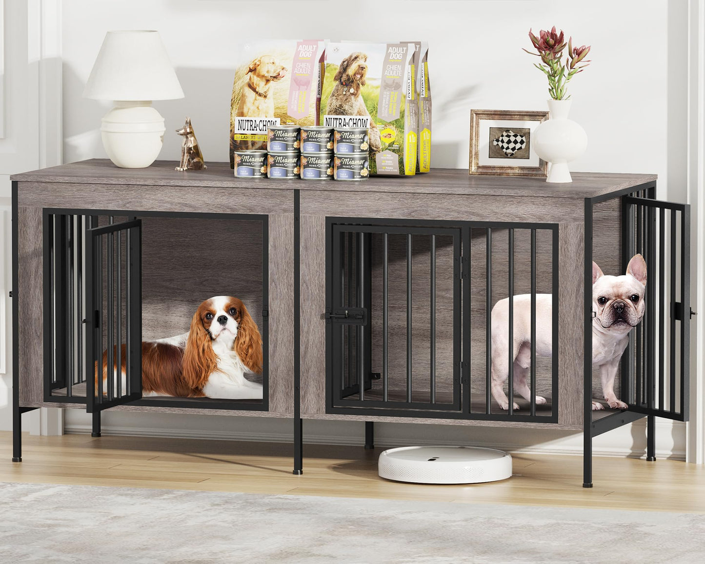 POAO 55.12"L Dog Crate Furniture for 2 Dogs,Heavy Duty Double Dog Crates for Small Dogs(0-20 Pounds),Dog Kennel Furniture Indoor as TV Stand,Oak Grey