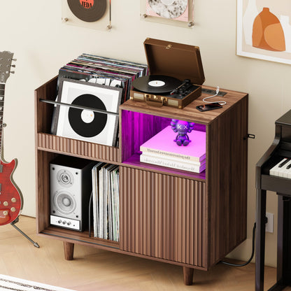 POAO 31"Record Player Stand with Power Outlets & LED Lights, Record Player Table Cabinet with Vinyl Record Storage Holds up to 300 Albums, Turntable Stand for Living Room, Bedroom