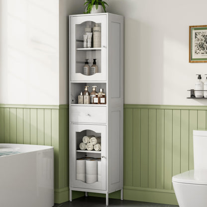 POAO 66.4" Tall Bathroom Storage Cabinet with Adjustable Shelves and Glass Doors, Anti-Tipping Narrow Cabinet, Linen Cabinet for Bathroom, Kitchen, Living Room, Cloud White