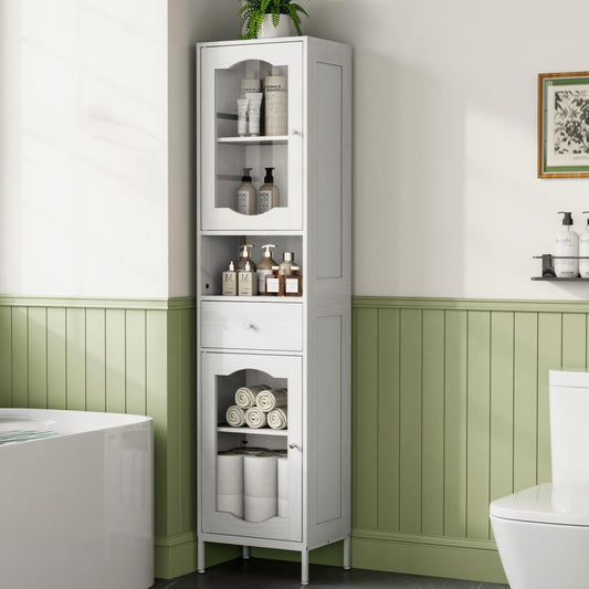 POAO 66.4" Tall Bathroom Storage Cabinet with Adjustable Shelves and Glass Doors, Anti-Tipping Narrow Cabinet, Linen Cabinet for Bathroom, Kitchen, Living Room, Cloud White