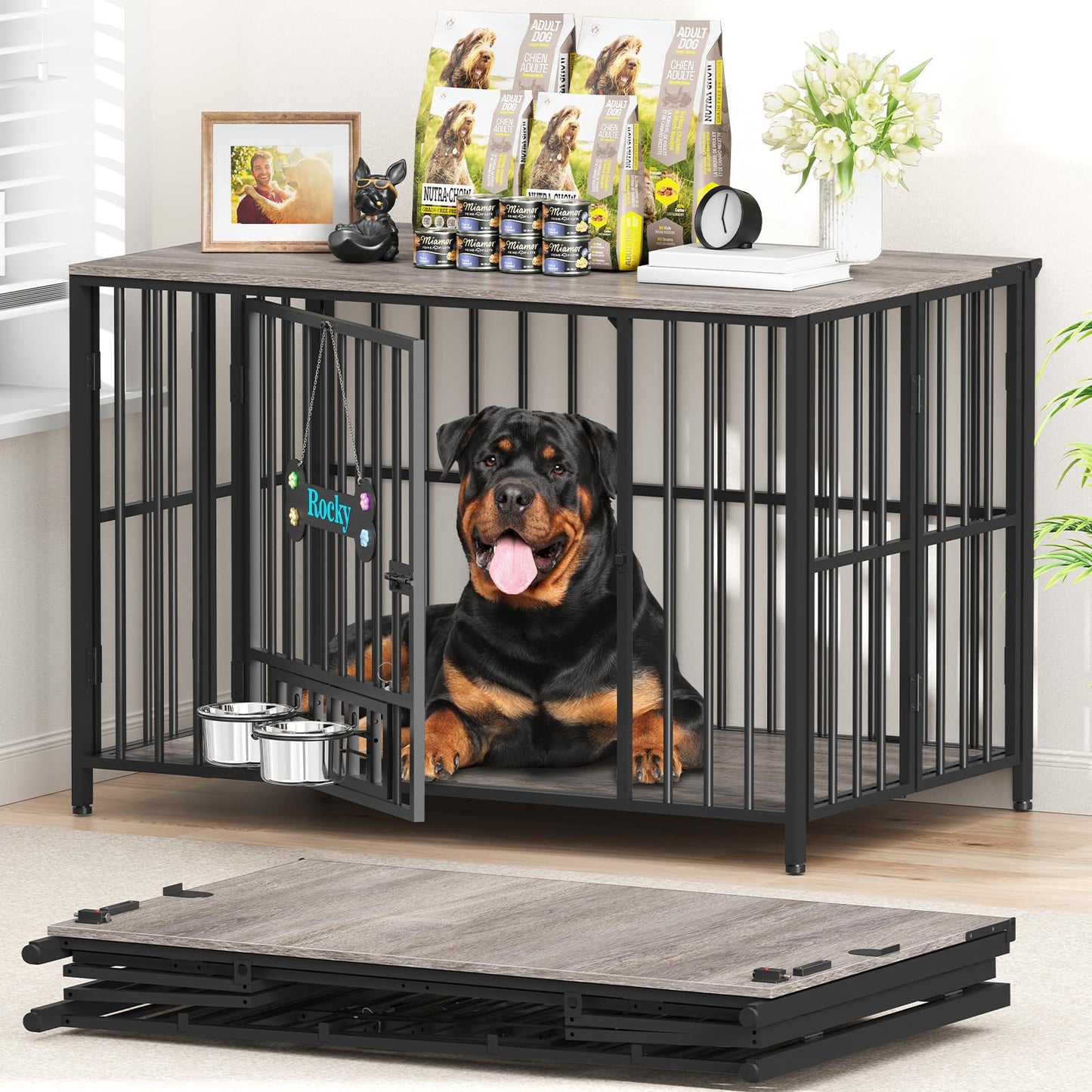 POAO 43" Dog Crate Furniture Foldable for Large Dogs (60-80 lbs), No Assembly Dog Kennel Indoor,Wooden Dog Cage with Adjustable Bowls &Name Tag