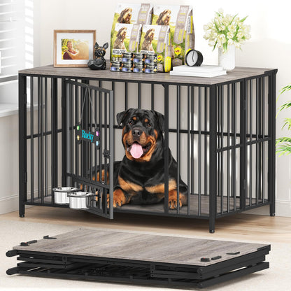 POAO 43" Dog Crate Furniture Foldable for Large Dogs (60-80 lbs), No Assembly Dog Kennel Indoor,Wooden Dog Cage with Adjustable Bowls &Name Tag
