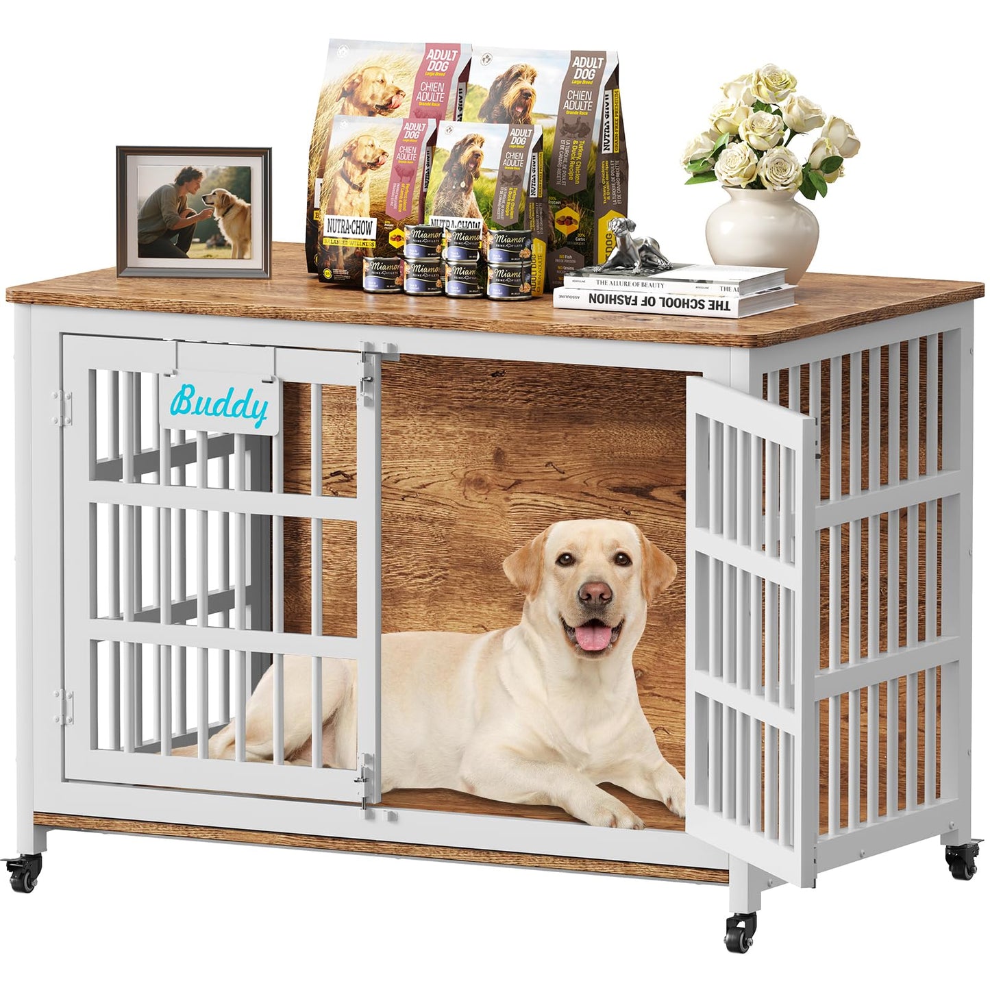 POAO 48"XXL Heavy Duty Dog Crate Furniture with Casters, Dog Kennel Indoor for Large Dogs, Escape-Proof and Chew-Proof Dog Cage for high Anxiety Dog
