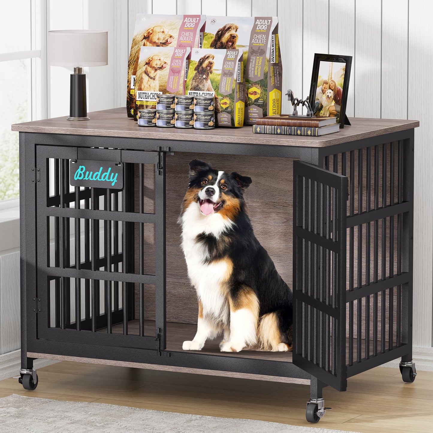 POAO 42"XL Dog Crate Furniture with Casters, Heavy Duty Dog Kennel Indoor for Large Dogs,Double-Doors Sturdy Dog Cage for Anxiety Dog,End Table