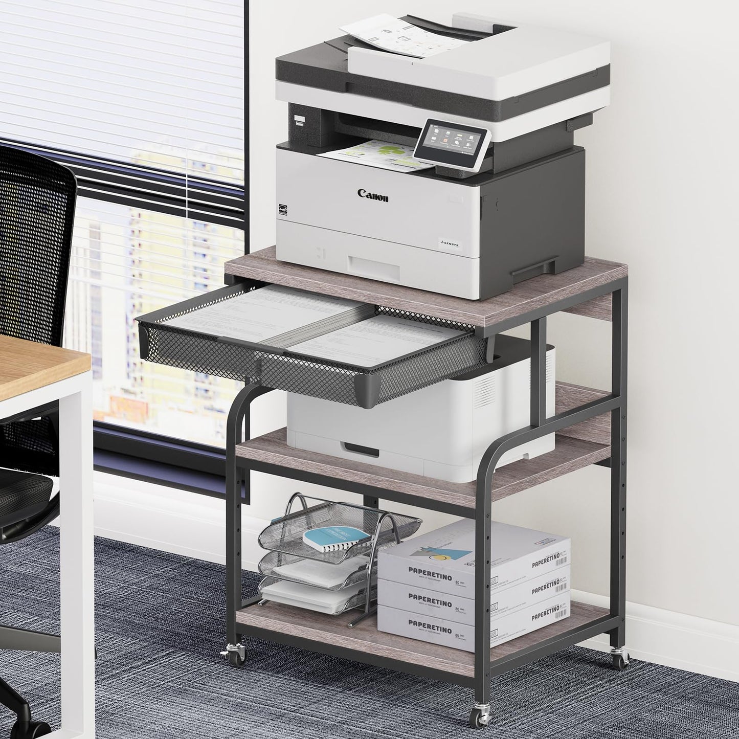 POAO Extra Large Printer Stand with Drawer, 5-Adjustable Heights 3 Tier Table with Wheels, Rolling Printer Cart with Storage,Home Office Use