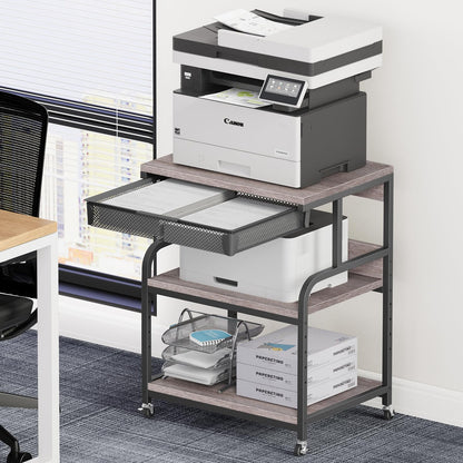 POAO Extra Large Printer Stand with Drawer, 5-Adjustable Heights 3 Tier Table with Wheels, Rolling Printer Cart with Storage,Home Office Use