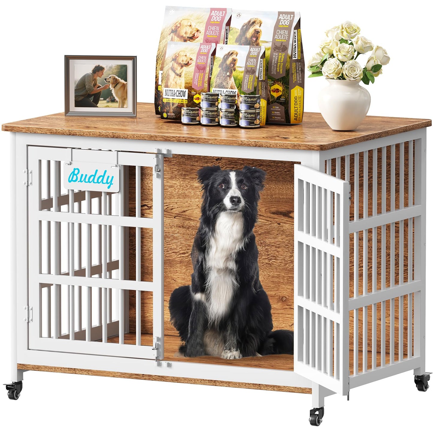 POAO 42"XL Heavy Duty Dog Crate Furniture with Casters, Dog Kennel Indoor for Large and Medium Dogs, Double-Doors Sturdy Dog Cage for Anxiety Dog