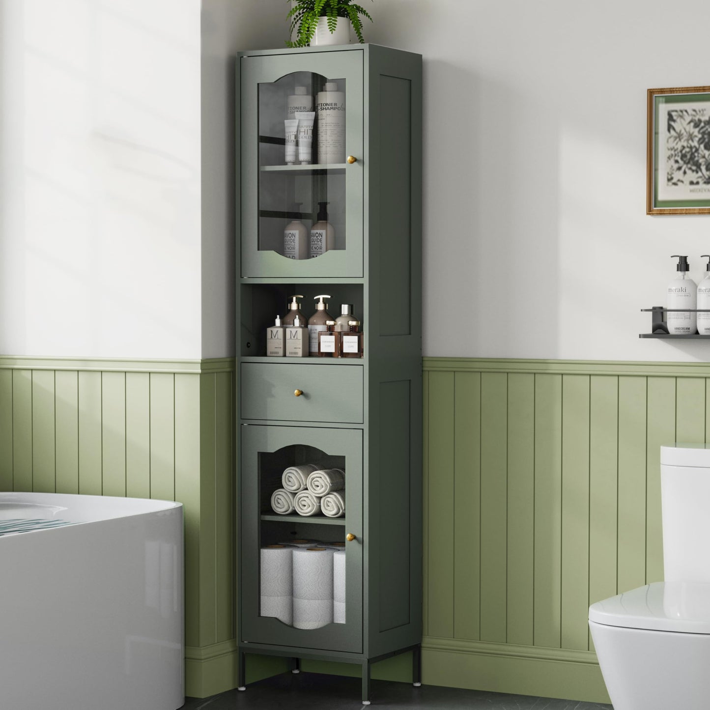 POAO 66.4" Tall Bathroom Storage Cabinet with Adjustable Shelves and Glass Doors, Anti-Tipping Narrow Cabinet, Linen Cabinet for Bathroom, Kitchen, Living Room, Cloud White