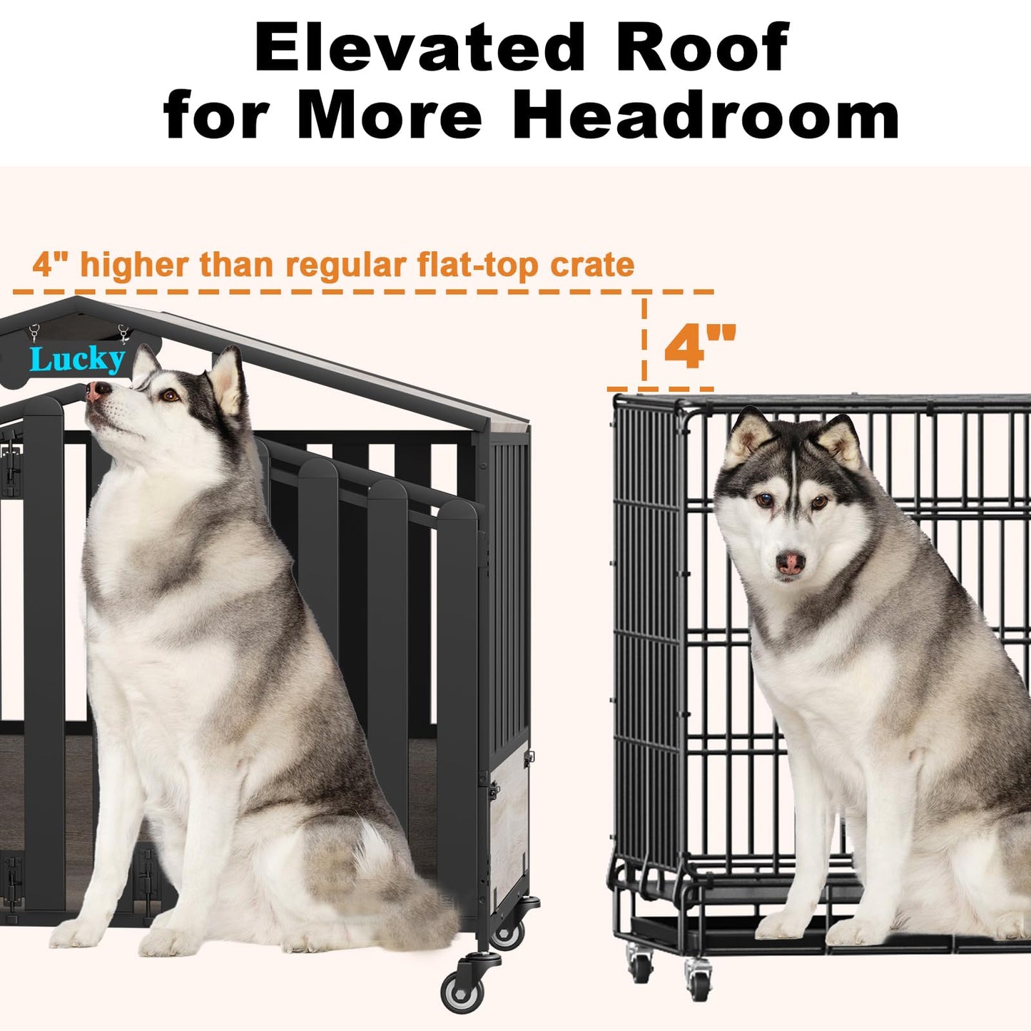 POAO 48"Heavy Duty Dog Crate Furniture for Large Dogs(Over 60lb), Dog Kennel Indoor with 360° Wheels, Dog House with Feeding Window and Name Tag