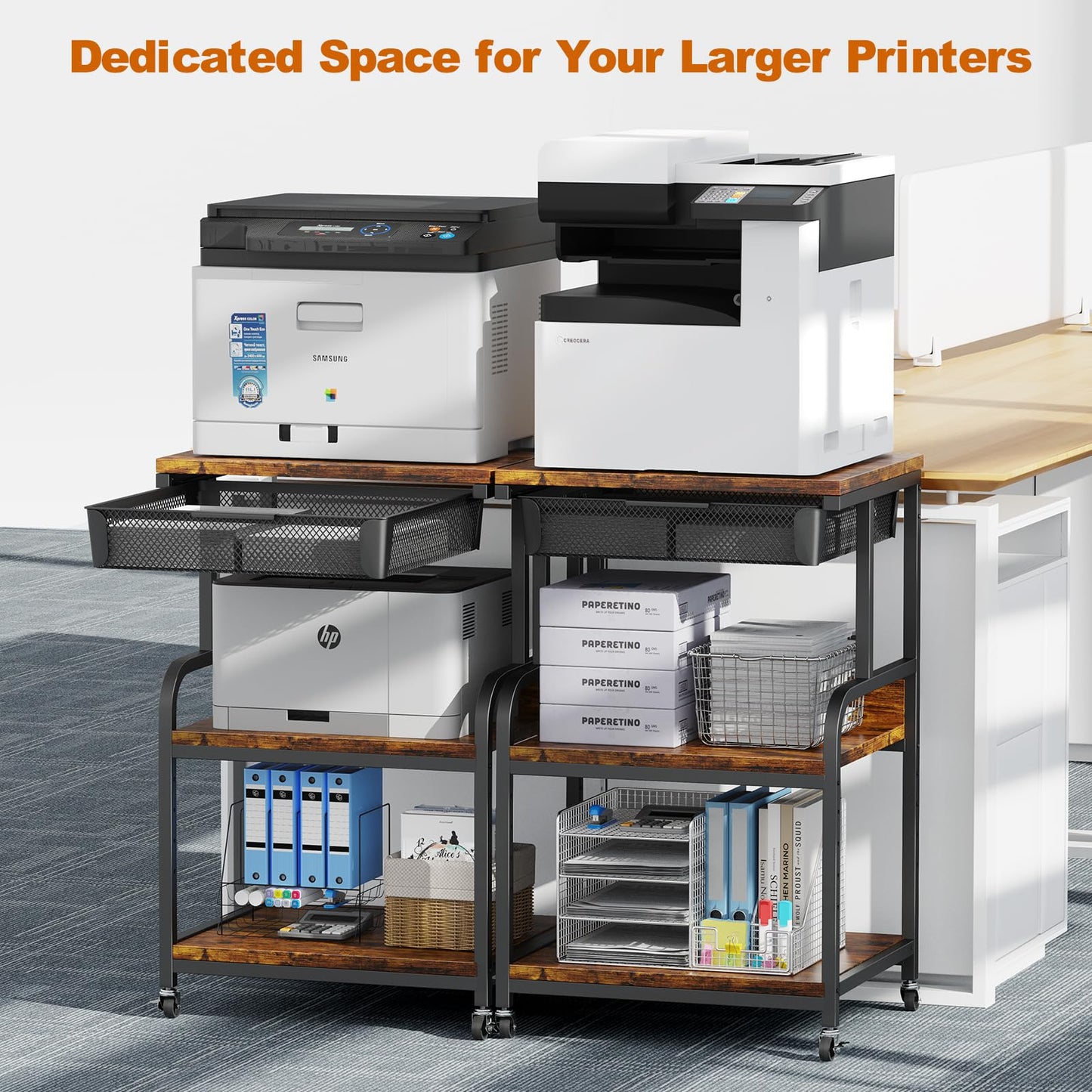POAO Large Printer Stand with Storage Drawer,3-Tier Rolling Cart with Industrial Wheels for Desk,5 Adjustable Shelf Mobile Printer Table for Office