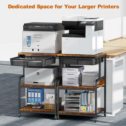 POAO Large Printer Stand with Storage Drawer,3-Tier Rolling Cart with Industrial Wheels for Desk,5 Adjustable Shelf Mobile Printer Table for Office