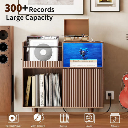 POAO 31"Record Player Stand with Power Outlets & LED Lights, Record Player Table Cabinet with Vinyl Record Storage Holds up to 300 Albums, Turntable Stand for Living Room, Bedroom