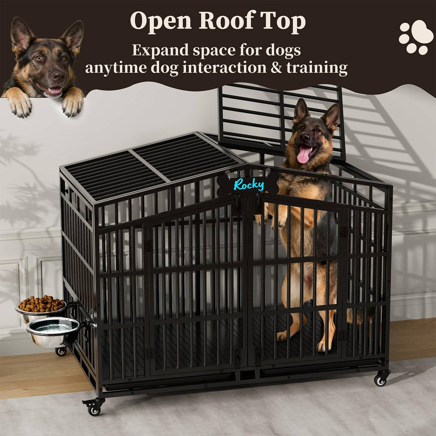 POAO 48"Heavy Duty Indestructible Dog Crate, Extra Large Metal Dog Kennel with 2 Adjustable Bowls, Open Top & Lockable Wheels, Escape Proof Indoor Cage for High Anxiety Big XL Dogs