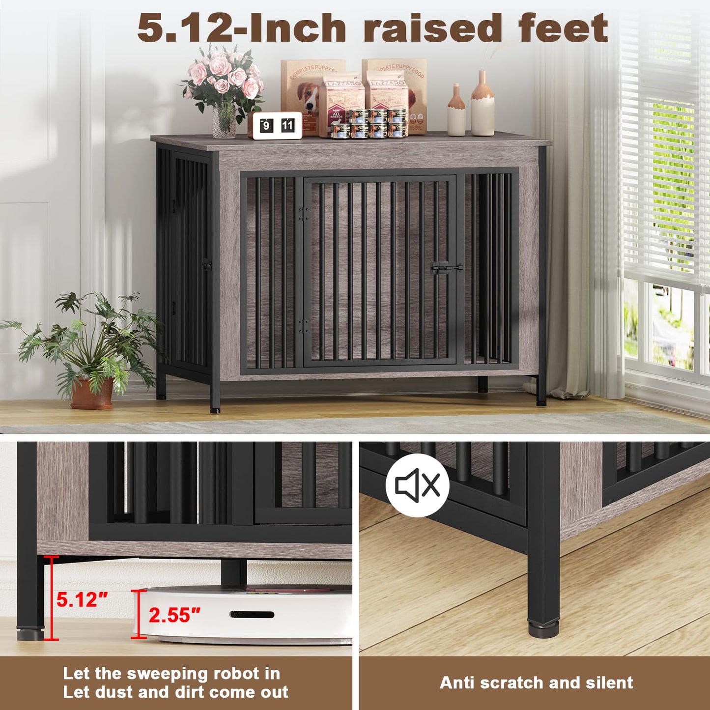 POAO 47.24" L Dog Crate Furniture for Dog, Heavy Duty Dog Crate for Large Dog(65-92 Pounds), Dog Kennel Furniture Indoor as TV Stand, Oak Grey