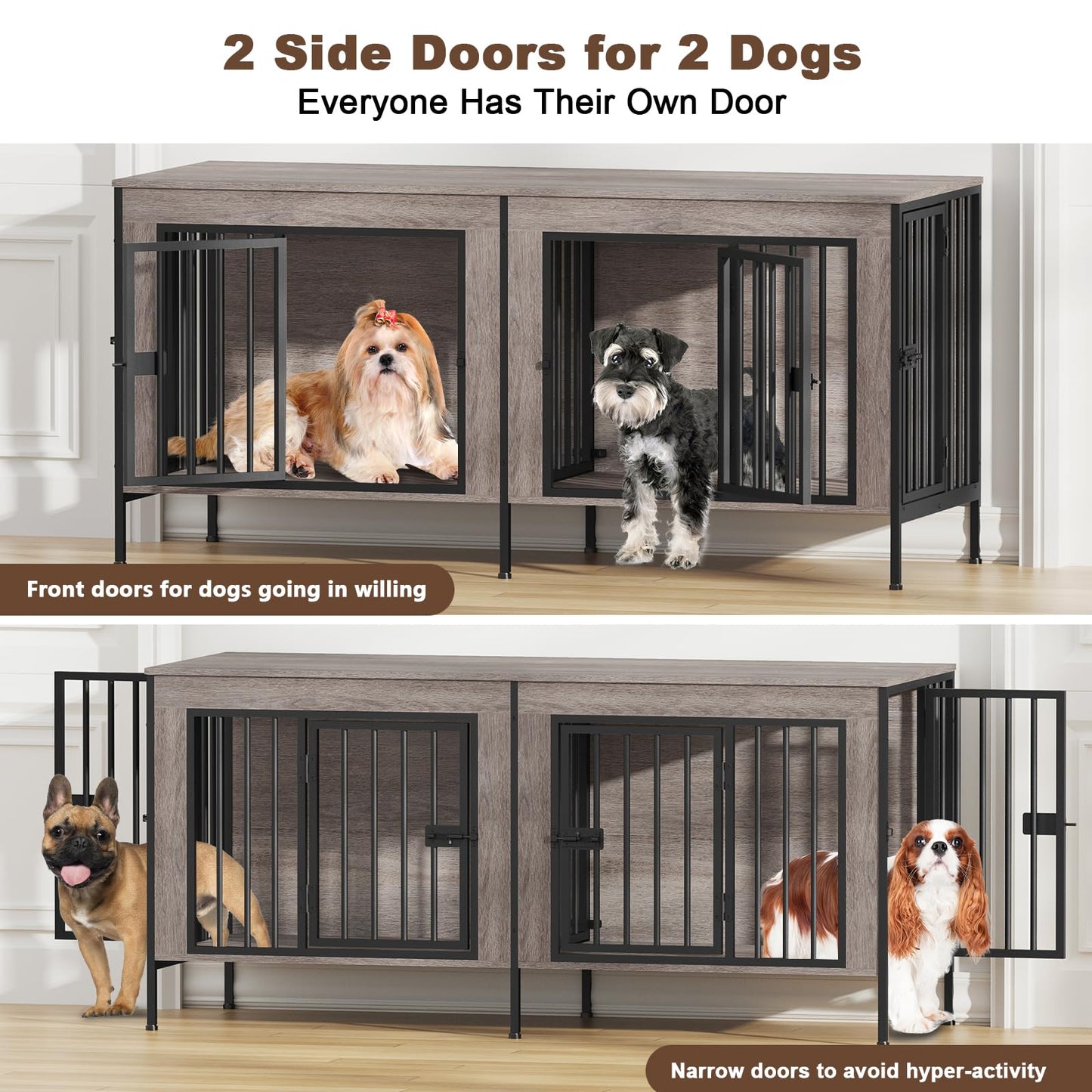 POAO 55.12"L Dog Crate Furniture for 2 Dogs,Heavy Duty Double Dog Crates for Small Dogs(0-20 Pounds),Dog Kennel Furniture Indoor as TV Stand,Oak Grey