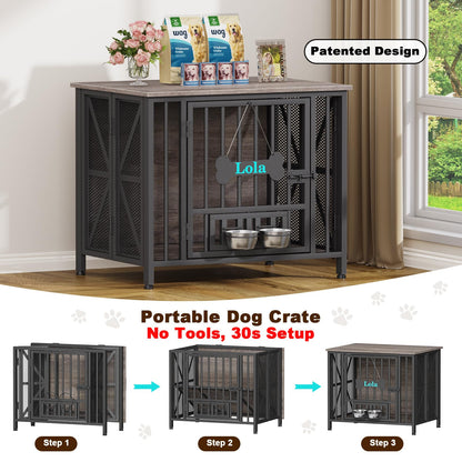 POAO 31.5"Assembly-Free Dog Crate Furniture for Small Dog, Foldable Dog Kennel Indoor with Tag &Adjustable Dog Bowls, Wooden Dog Cage,End Table