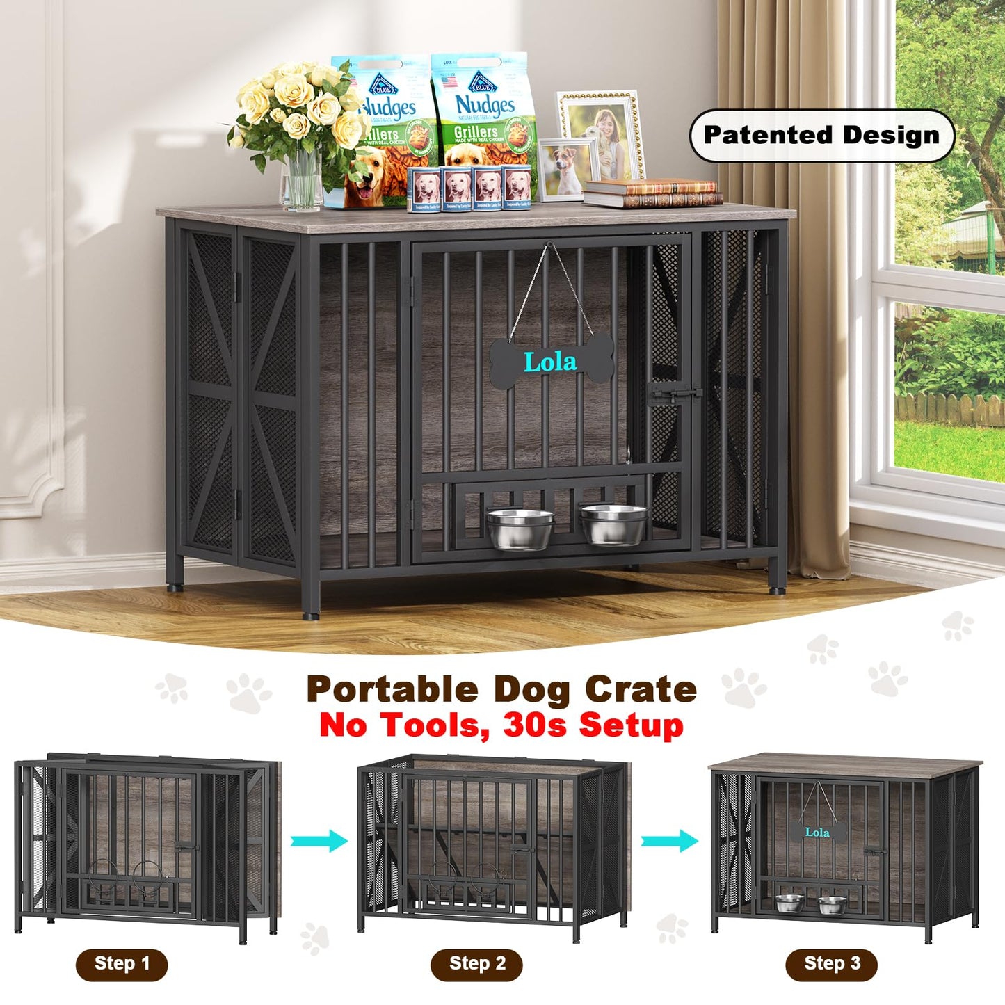 POAO 41" Foldable Dog Crate Furniture, Assembly-Free Dog Crates for Large Dogs,Dog Kennel Indoor with Tag & Adjustable Dog Bowls,Oak Grey