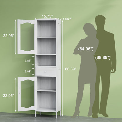 POAO 66.4" Tall Bathroom Storage Cabinet with Adjustable Shelves and Glass Doors, Anti-Tipping Narrow Cabinet, Linen Cabinet for Bathroom, Kitchen, Living Room, Cloud White