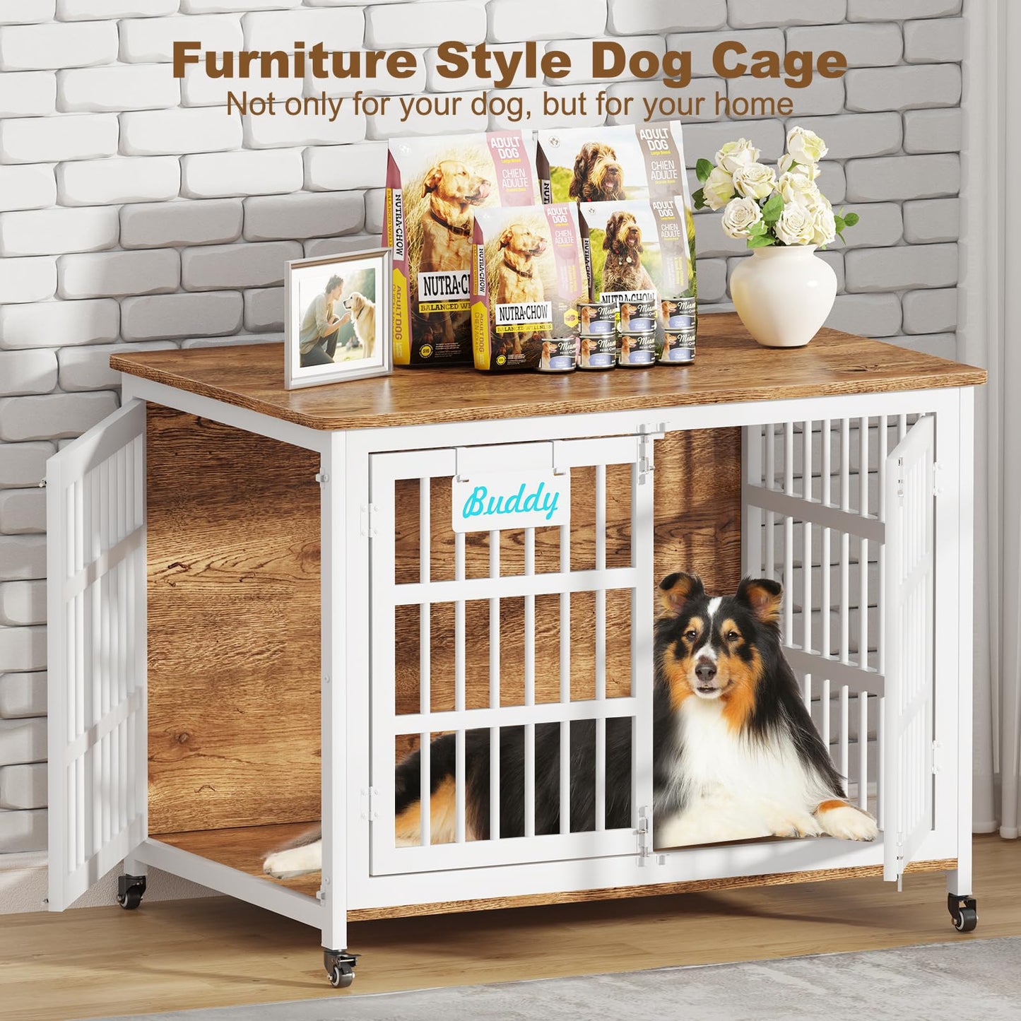 POAO 42"XL Heavy Duty Dog Crate Furniture with Casters, Dog Kennel Indoor for Large and Medium Dogs, Double-Doors Sturdy Dog Cage for Anxiety Dog