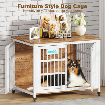 POAO 42"XL Heavy Duty Dog Crate Furniture with Casters, Dog Kennel Indoor for Large and Medium Dogs, Double-Doors Sturdy Dog Cage for Anxiety Dog