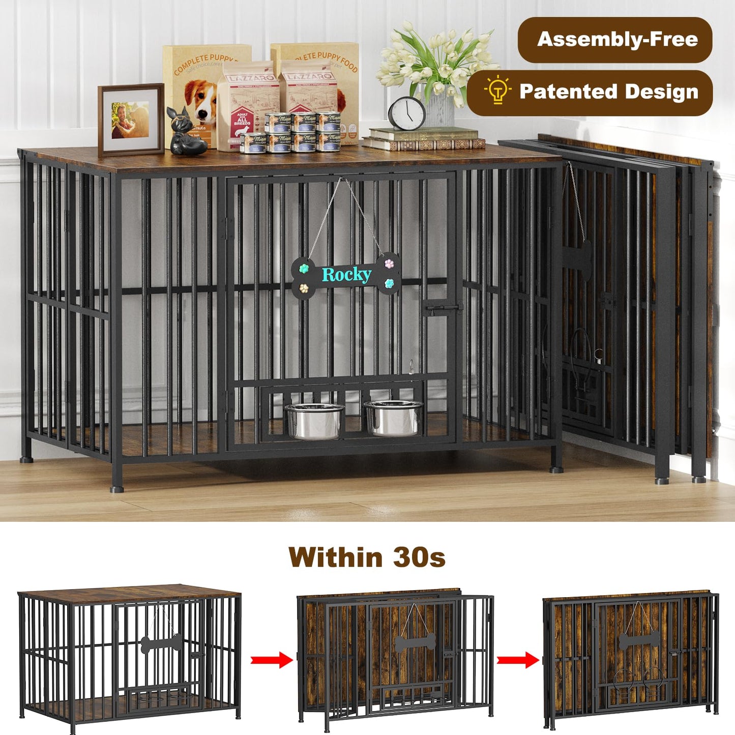 POAO 43" Dog Crate Furniture Foldable for Large Dogs (60-80 lbs), No Assembly Dog Kennel Indoor,Wooden Dog Cage with Adjustable Bowls &Name Tag