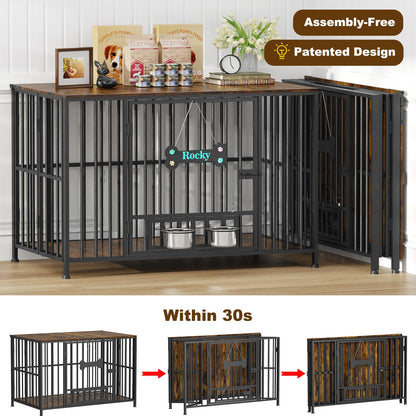 POAO 43" Dog Crate Furniture Foldable for Large Dogs (60-80 lbs), No Assembly Dog Kennel Indoor,Wooden Dog Cage with Adjustable Bowls &Name Tag