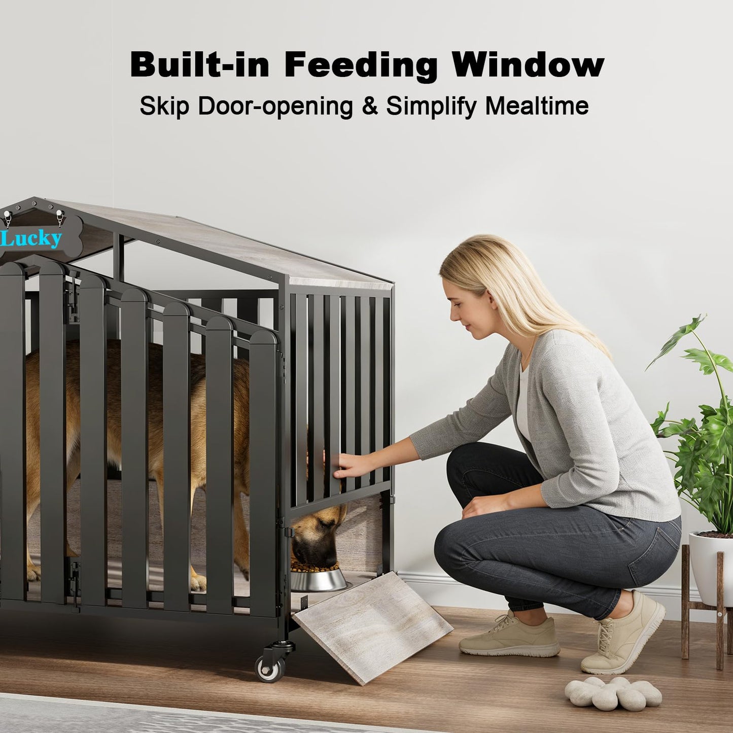 POAO 48"Heavy Duty Dog Crate Furniture for Large Dogs(Over 60lb), Dog Kennel Indoor with 360° Wheels, Dog House with Feeding Window and Name Tag