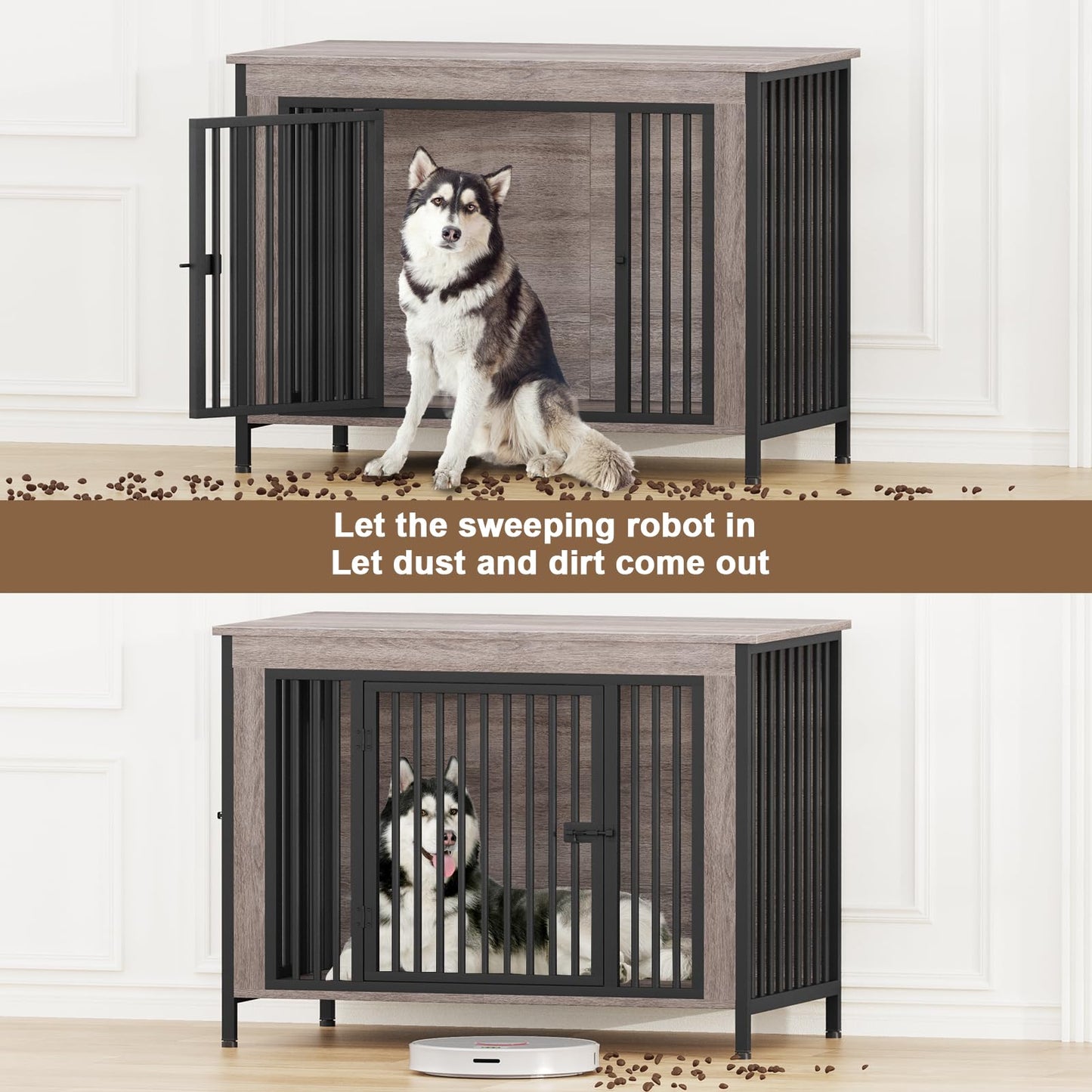 POAO 47.24" L Dog Crate Furniture for Dog, Heavy Duty Dog Crate for Large Dog(65-92 Pounds), Dog Kennel Furniture Indoor as TV Stand, Oak Grey