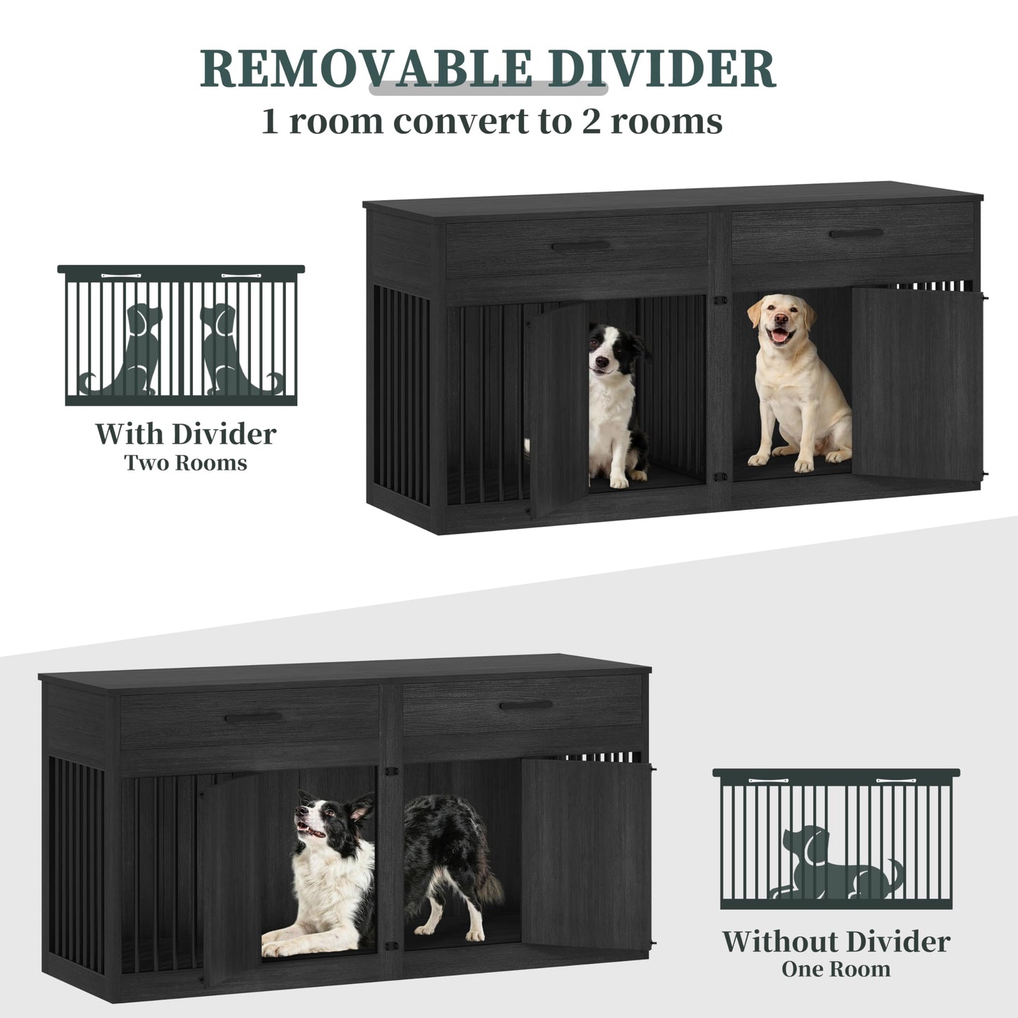 POAO 72" Double Dog Crate Furniture, Heavy Duty Dog Kennel for 2 Large Dogs, Wooden Dog Cage w Two Big Drawers&Removable Divider, Decorative Dog House as TV Stand, Dark Grey