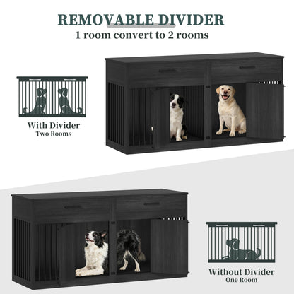 POAO 72" Double Dog Crate Furniture, Heavy Duty Dog Kennel for 2 Large Dogs, Wooden Dog Cage w Two Big Drawers&Removable Divider, Decorative Dog House as TV Stand, Dark Grey
