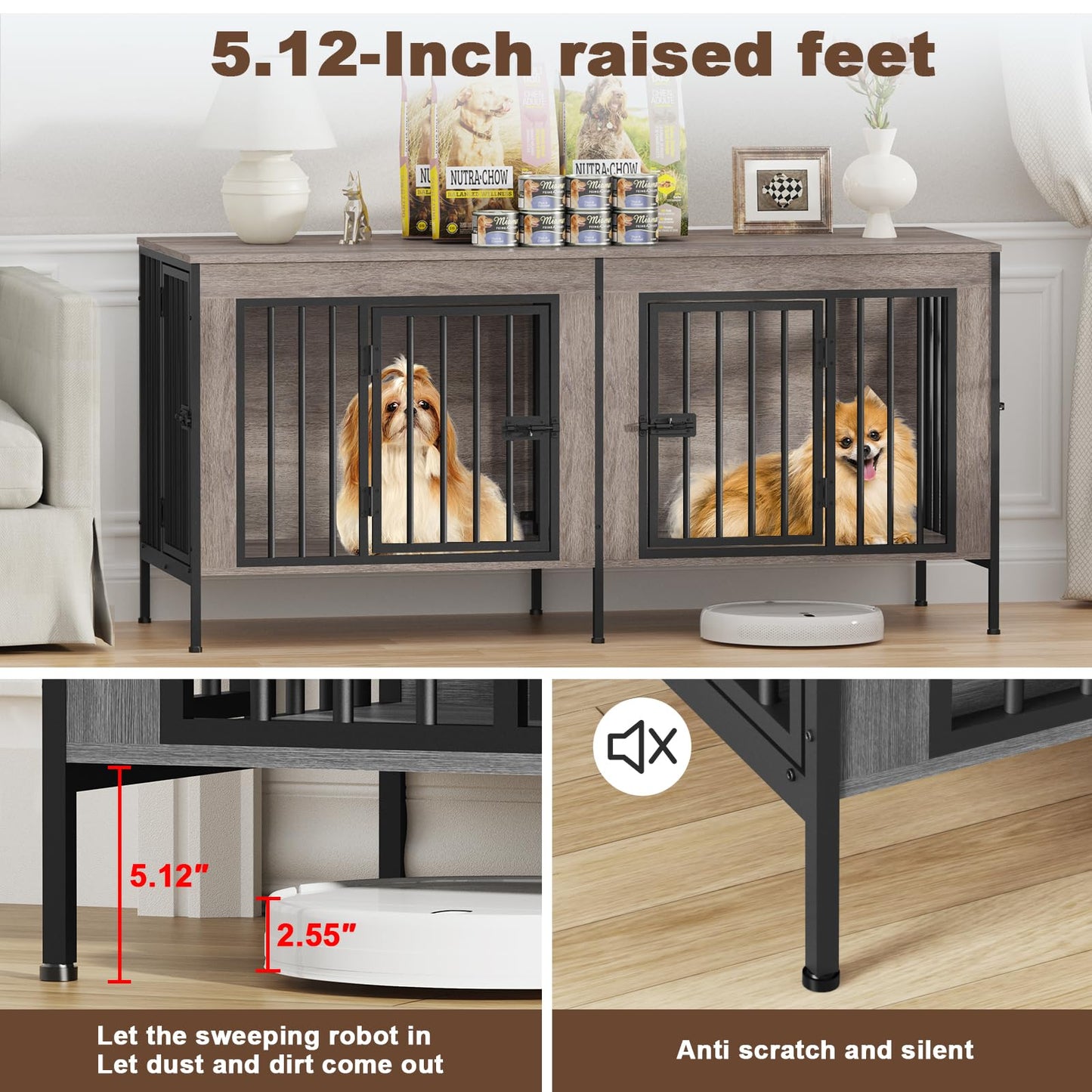 POAO 55.12"L Dog Crate Furniture for 2 Dogs,Heavy Duty Double Dog Crates for Small Dogs(0-20 Pounds),Dog Kennel Furniture Indoor as TV Stand,Oak Grey