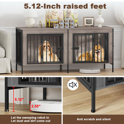 POAO 55.12"L Dog Crate Furniture for 2 Dogs,Heavy Duty Double Dog Crates for Small Dogs(0-20 Pounds),Dog Kennel Furniture Indoor as TV Stand,Oak Grey