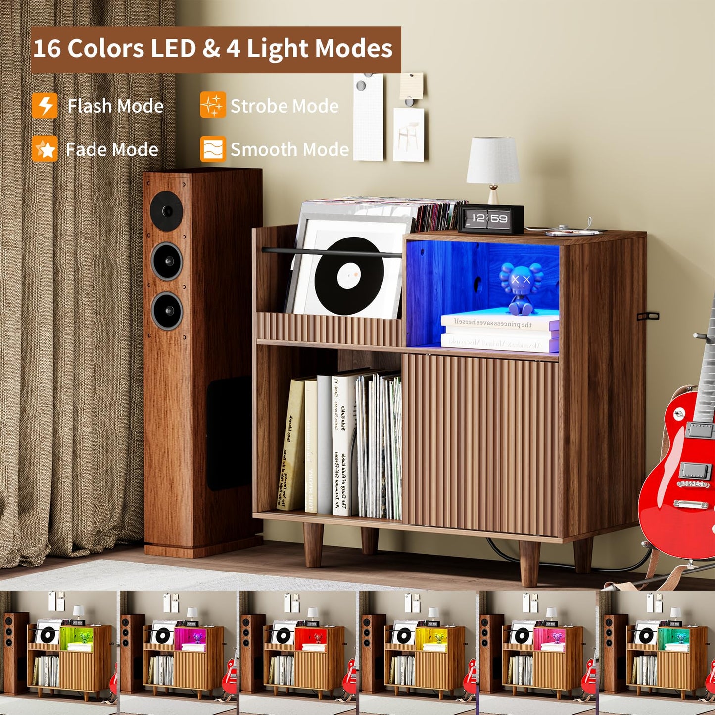 POAO 31"Record Player Stand with Power Outlets & LED Lights, Record Player Table Cabinet with Vinyl Record Storage Holds up to 300 Albums, Turntable Stand for Living Room, Bedroom