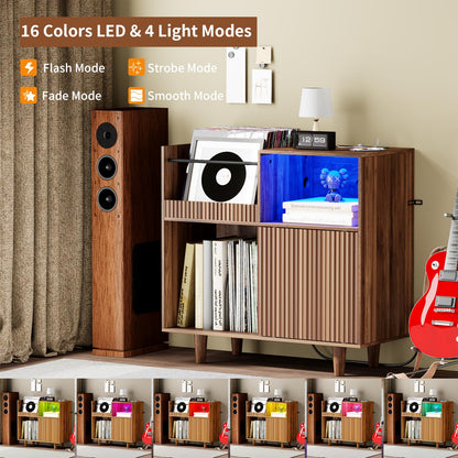 POAO 31"Record Player Stand with Power Outlets & LED Lights, Record Player Table Cabinet with Vinyl Record Storage Holds up to 300 Albums, Turntable Stand for Living Room, Bedroom