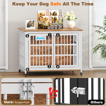 POAO 42"XL Heavy Duty Dog Crate Furniture with Casters, Dog Kennel Indoor for Large and Medium Dogs, Double-Doors Sturdy Dog Cage for Anxiety Dog