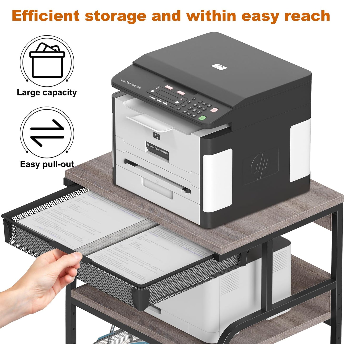 POAO Extra Large Printer Stand with Drawer, 5-Adjustable Heights 3 Tier Table with Wheels, Rolling Printer Cart with Storage,Home Office Use