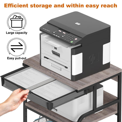 POAO Extra Large Printer Stand with Drawer, 5-Adjustable Heights 3 Tier Table with Wheels, Rolling Printer Cart with Storage,Home Office Use