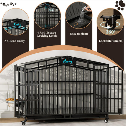 POAO 48"Heavy Duty Indestructible Dog Crate, Extra Large Metal Dog Kennel with 2 Adjustable Bowls, Open Top & Lockable Wheels, Escape Proof Indoor Cage for High Anxiety Big XL Dogs