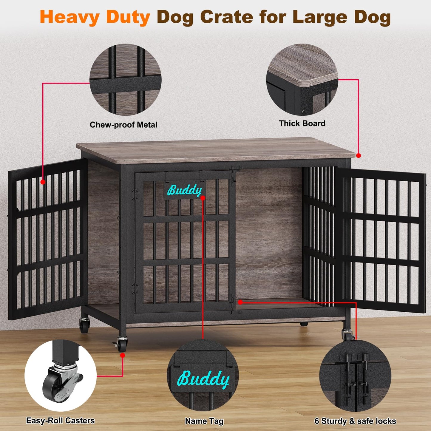 POAO 42"XL Dog Crate Furniture with Casters, Heavy Duty Dog Kennel Indoor for Large Dogs,Double-Doors Sturdy Dog Cage for Anxiety Dog,End Table